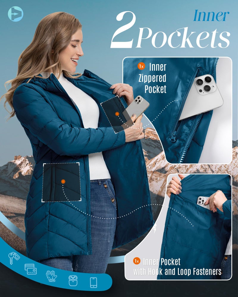 Outdoor Ventures Women's Long Hooded Lightweight Puffer Coat Quilted Insulated Winter Jacket - Image 3