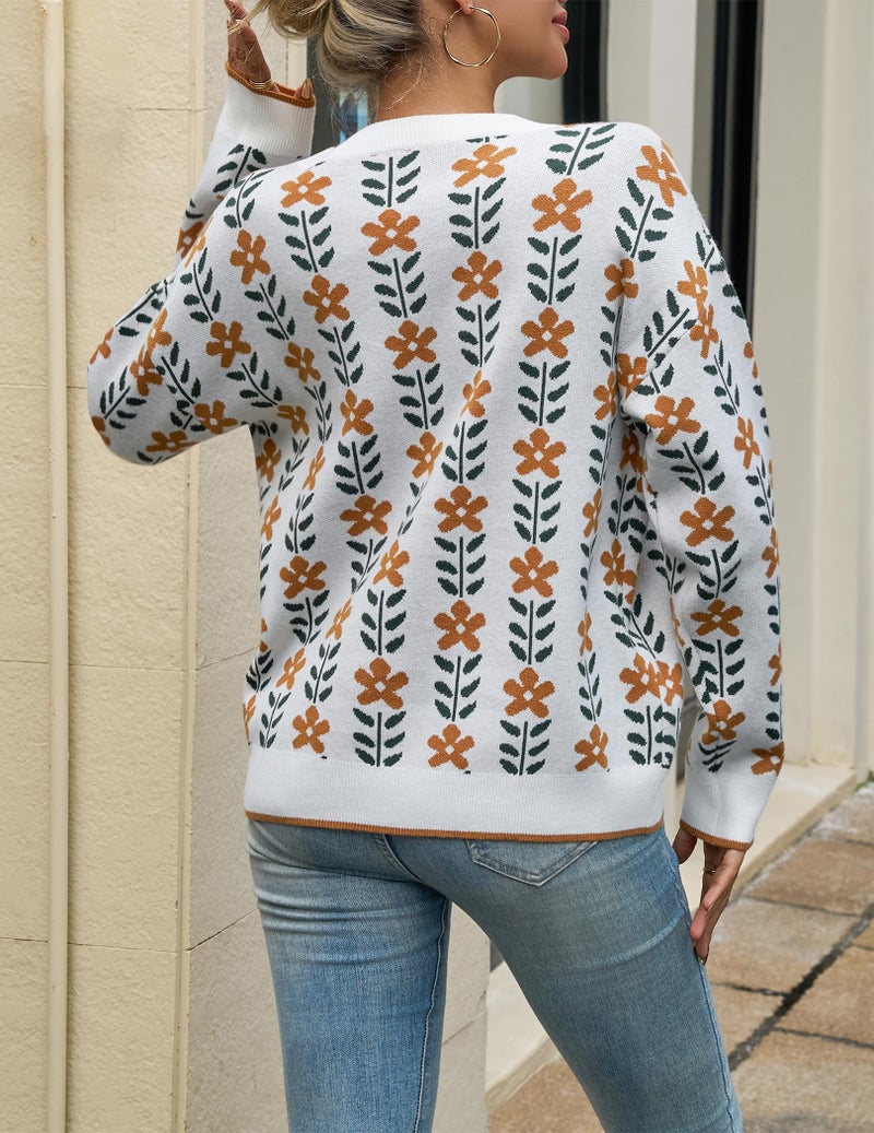 GraceSelect Fall Pullover Sweaters for Women Crewneck White Floral Print Cute Knitted Cozy Ribbed 2026 Trendy Clothes - Image 3