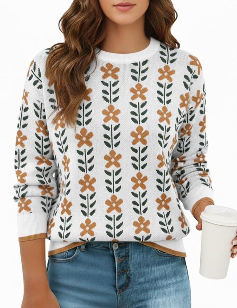 GraceSelect Fall Pullover Sweaters for Women Crewneck White Floral Print Cute Knitted Cozy Ribbed 2026 Trendy Clothes - Image 1