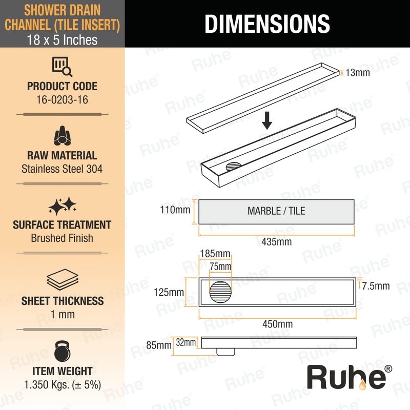 Ruhe® Tile Insert Shower Drain Channel | 18 x 5 Inches Waste Water Floor Drain for 13mm Tile | 304 Stainless Steel Invisible Shower Drain Channel | Drain Channel with Cockroach Trap and Side Hole - Image 4