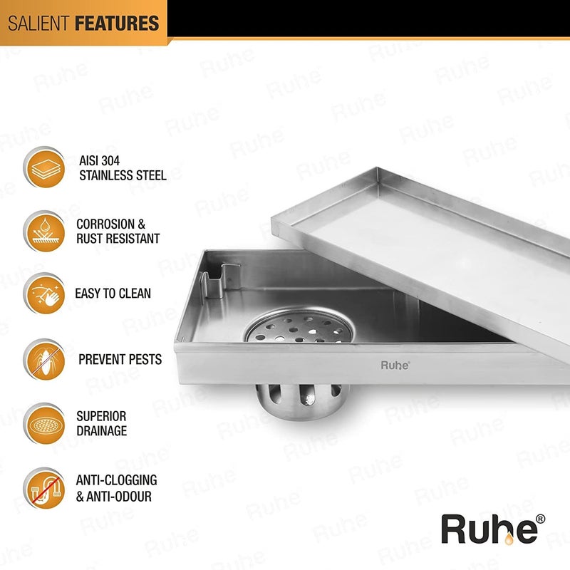 Ruhe® Tile Insert Shower Drain Channel | 18 x 5 Inches Waste Water Floor Drain for 13mm Tile | 304 Stainless Steel Invisible Shower Drain Channel | Drain Channel with Cockroach Trap and Side Hole - Image 3