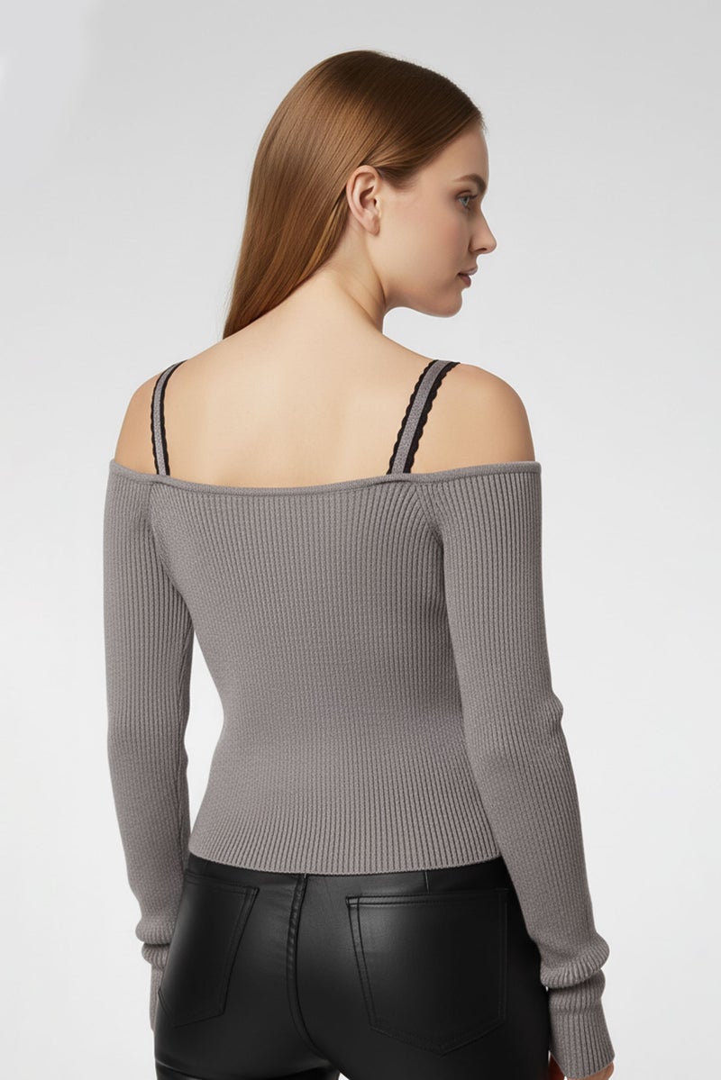 PINKO Women Sweatheart Neckline Long Sleeve Knitted Metallic Top, Grey - Image 4