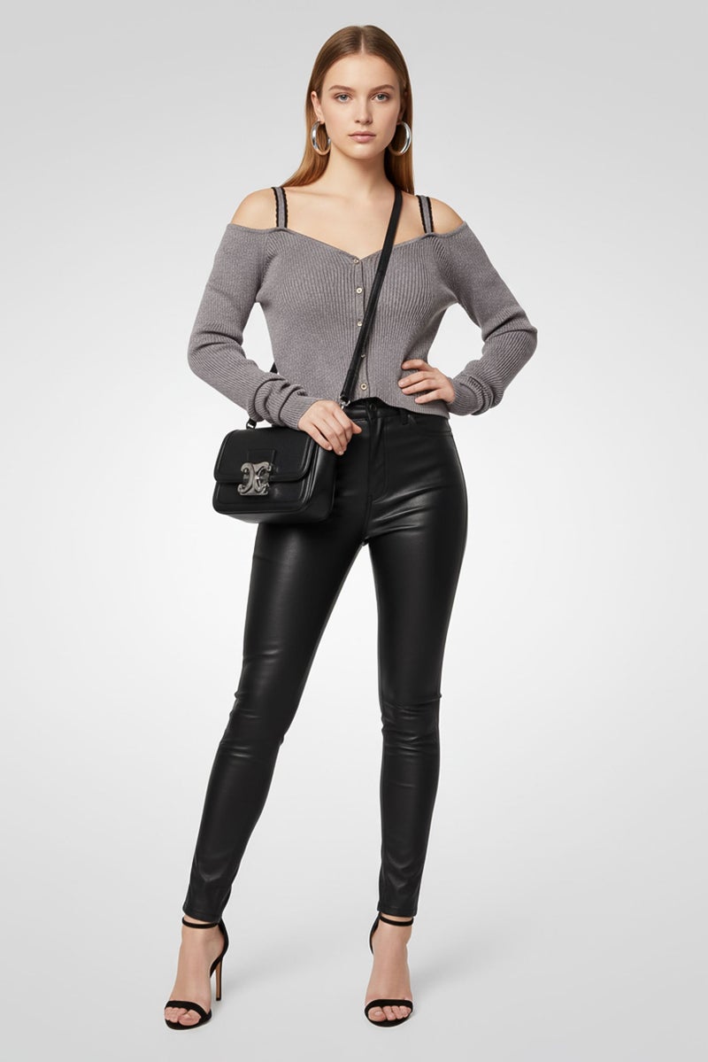 PINKO Women Sweatheart Neckline Long Sleeve Knitted Metallic Top, Grey - Image 2