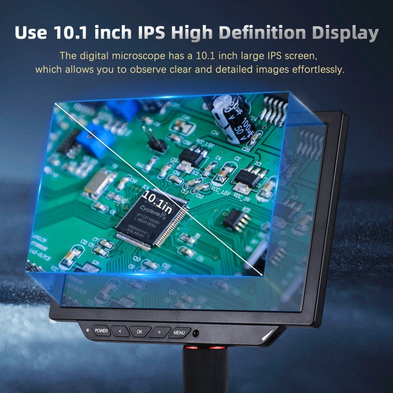 المجهر الرقمي: شاشة IPS بحجم 10.1 بوصة، عدسة 4K بمستشعر 13 ميجابكسل، مصدرا إضاءة مزدوجان - وظيفة التصوير والفيديو، حامل قابل للتعديل للبالغين لفحص العملات المعدنية والدوائر الكهربائية وفحص النباتات - Image 3