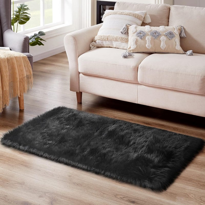 Ciicool Black Fur Rug Fluffy Rug, 2x4 ft Small Faux Fur Rugs for Bedroom, Washable Faux Sheepskin Rug for Sofa Couch Seat Cushion, Thick Shaggy Furry Rugs Floor Carpets for Bedside Living Room - Image 2