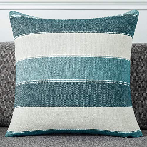 AmHoo Pack of 2 Farmhouse Stripe Check Throw Pillow Covers Set Case Cotton Linen Decorative Pillowcases Cushion Cover for Couch Bench Sofa 18x18Inch Teal Blue - Image 2