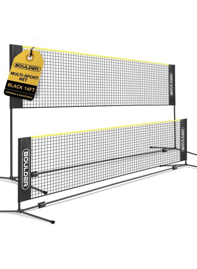 BOULDER Portable Badminton Pickleball Net - Foldable / Extendable Poles for Multiple Sports Heights (UP to 5 ft) - Ideal for Tennis, Pickleball, Soccer Tennis - Easy Setup (Black, 14 FT) - Image 1