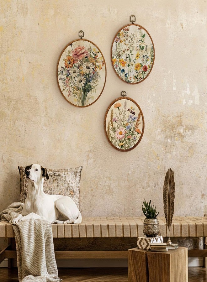 Fiwochic 3 Pcs Round Wildflowers Boho Wall Decor Vintage Flowers Wall Artwork Spring Floral House Artwork Flowers Painting Canva Print Framed Art Farmhouse Nature Hanging Boho Decor for Bedroom - Image 3
