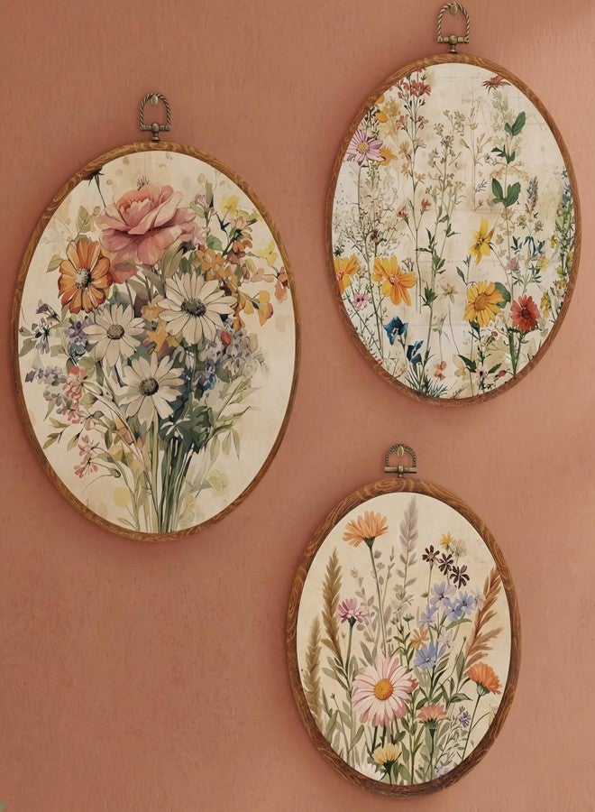 Fiwochic 3 Pcs Round Wildflowers Boho Wall Decor Vintage Flowers Wall Artwork Spring Floral House Artwork Flowers Painting Canva Print Framed Art Farmhouse Nature Hanging Boho Decor for Bedroom - Image 1