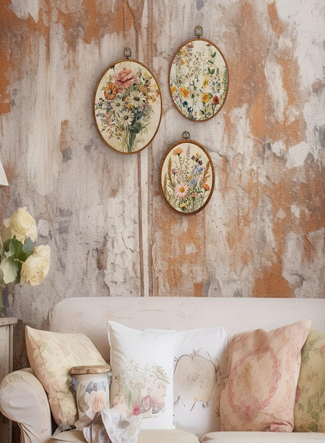 Fiwochic 3 Pcs Round Wildflowers Boho Wall Decor Vintage Flowers Wall Artwork Spring Floral House Artwork Flowers Painting Canva Print Framed Art Farmhouse Nature Hanging Boho Decor for Bedroom - Image 4