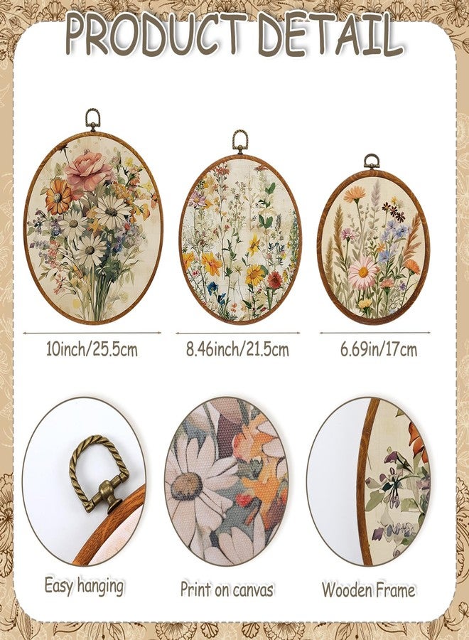 Fiwochic 3 Pcs Round Wildflowers Boho Wall Decor Vintage Flowers Wall Artwork Spring Floral House Artwork Flowers Painting Canva Print Framed Art Farmhouse Nature Hanging Boho Decor for Bedroom - Image 2