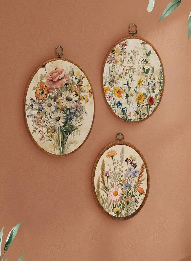 Fiwochic 3 Pcs Round Wildflowers Boho Wall Decor Vintage Flowers Wall Artwork Spring Floral House Artwork Flowers Painting Canva Print Framed Art Farmhouse Nature Hanging Boho Decor for Bedroom - Image 5