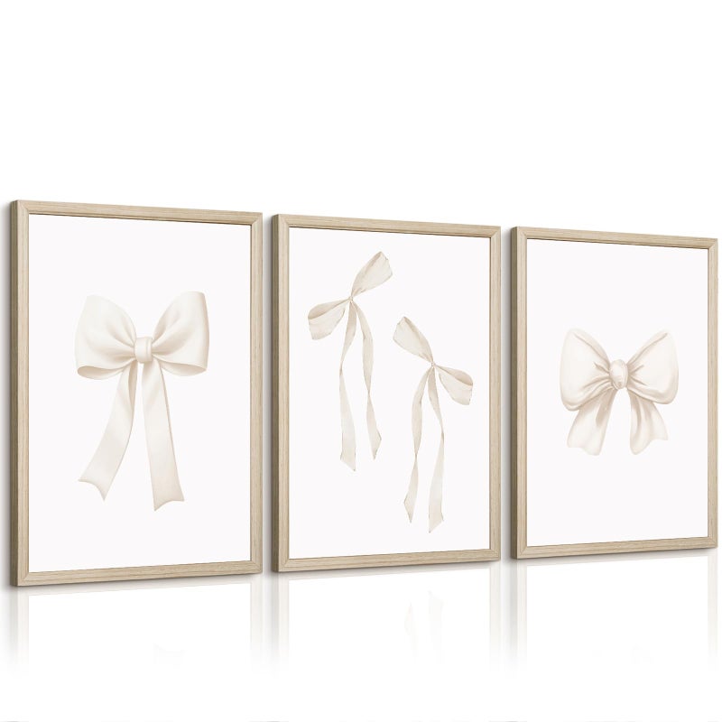 Pennclys Bow Wall Art Coquette Room Canvas Decor Beige Bow Poster Preppy Wall Deocr Aesthetic Pictures Coquette Girly Posters Nursery Art Prints for Girls Bedroom 12x16 Inch Wood Framed Set of 3 - Image 1