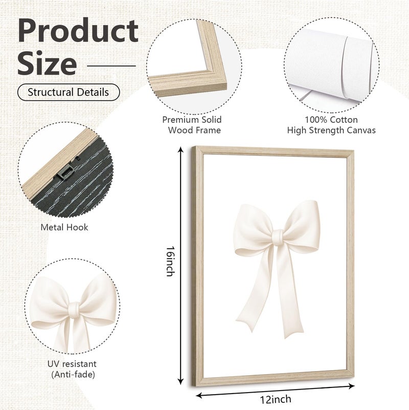 Pennclys Bow Wall Art Coquette Room Canvas Decor Beige Bow Poster Preppy Wall Deocr Aesthetic Pictures Coquette Girly Posters Nursery Art Prints for Girls Bedroom 12x16 Inch Wood Framed Set of 3 - Image 2