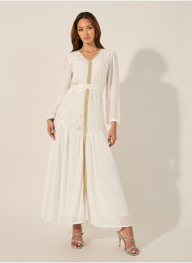 Styli - Schiffli Lace Insert V-Neck Gathered Detail Kaftan - Image 1