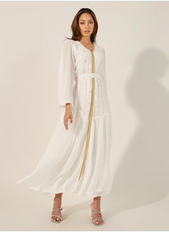 Schiffli Lace Insert V-Neck Gathered Detail Kaftan