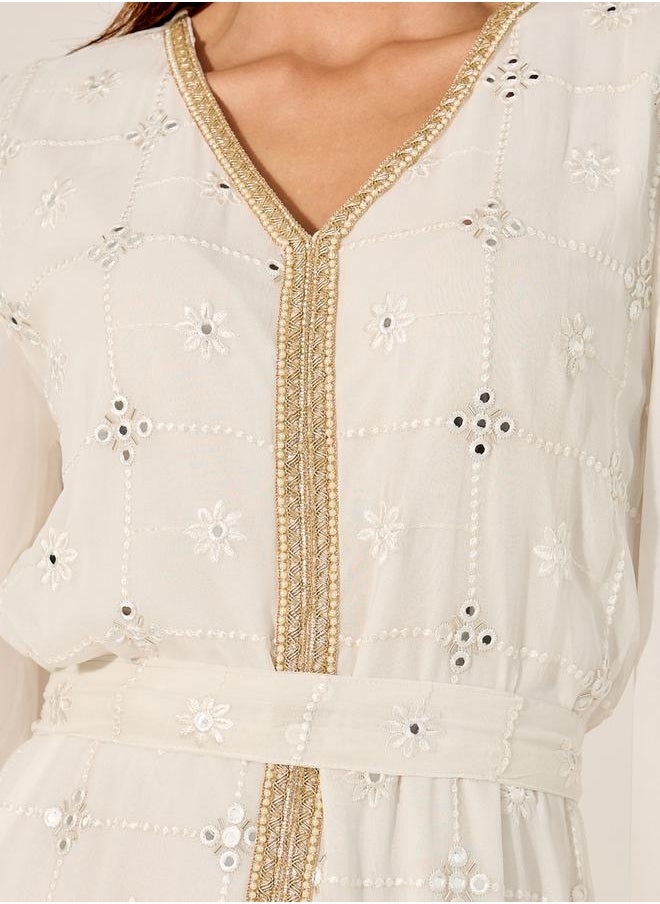 Styli - Schiffli Lace Insert V-Neck Gathered Detail Kaftan - Image 1