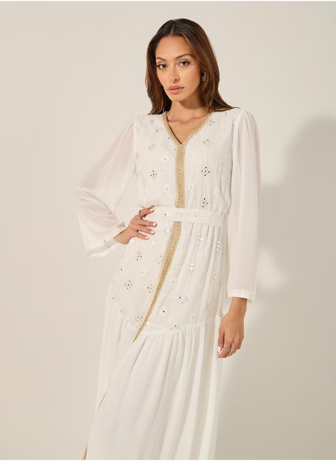Styli - Schiffli Lace Insert V-Neck Gathered Detail Kaftan - Image 1
