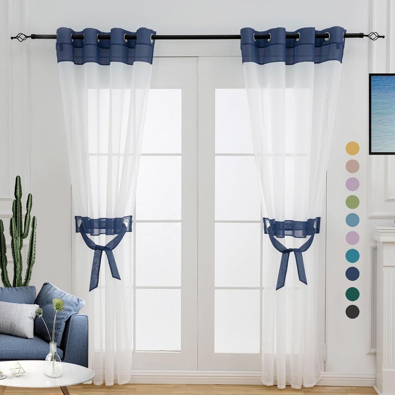 L.Z.E Navy Blue Sheer Curtains 84 Inches Long 2 Panels Set for Living Room, White and Dark Blue Sheer Curtains for Bedroom Kids Room Dining Room, Grommet Top See-Through Window Sheers (56" W x 84" L) - Image 1