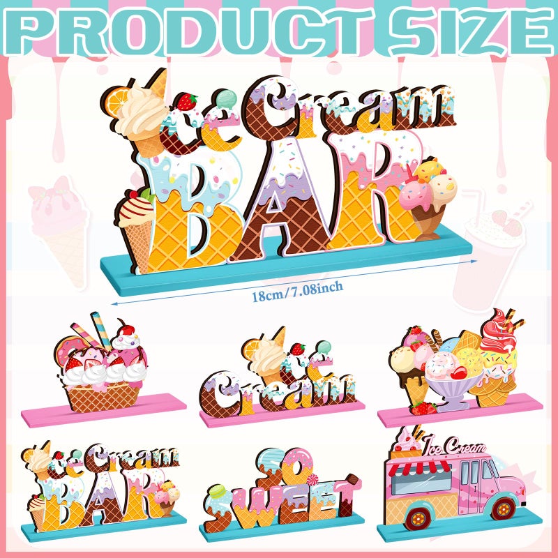 Suzile 6 Pcs Summer Ice Cream Table Wooden Decorations Ice Cream Sign Centerpiece Home Decor Ice Cream Bar Party Decorations for Kids Birthday Party Summer Wedding Supplies