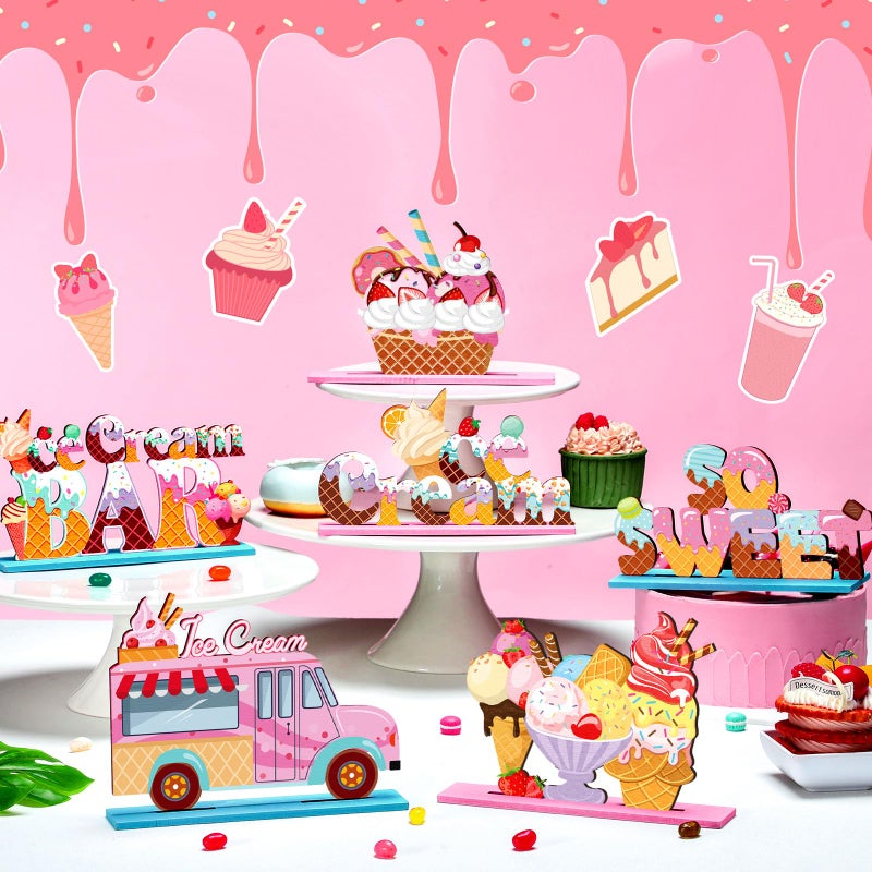 Suzile 6 Pcs Summer Ice Cream Table Wooden Decorations Ice Cream Sign Centerpiece Home Decor Ice Cream Bar Party Decorations for Kids Birthday Party Summer Wedding Supplies