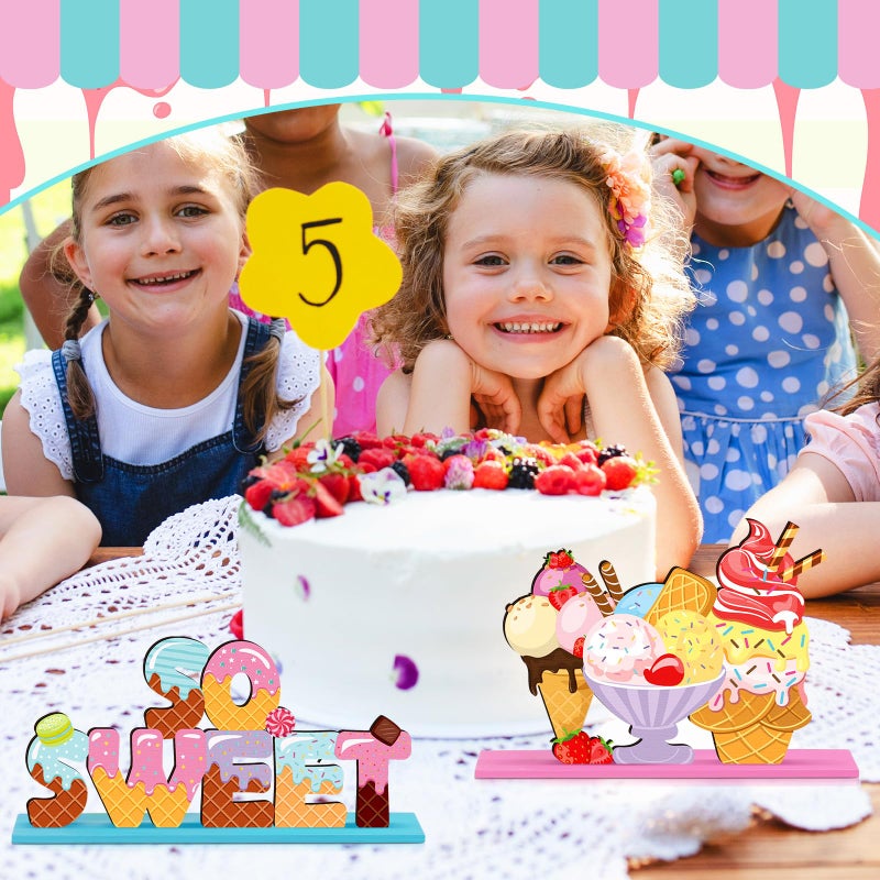 Suzile 6 Pcs Summer Ice Cream Table Wooden Decorations Ice Cream Sign Centerpiece Home Decor Ice Cream Bar Party Decorations for Kids Birthday Party Summer Wedding Supplies