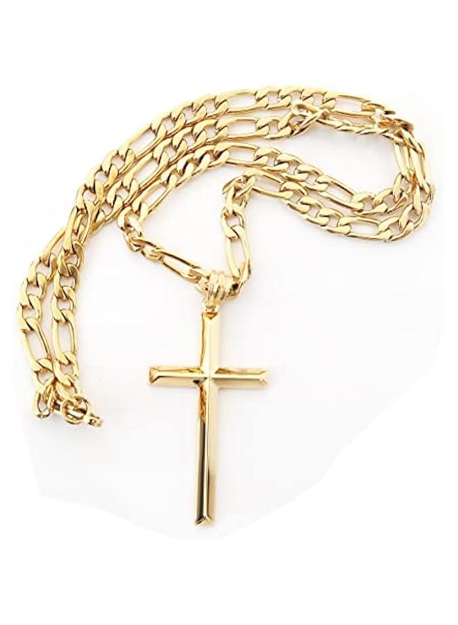 Arabest 24K Gold Figaro Chain Style Cross Pendant Necklace 5MM Cross Necklace Clasp for MEN, HUSBAND Thin for Charms Miami Cuban Link Diamond Cut Religious Beveled Edge - Image 1