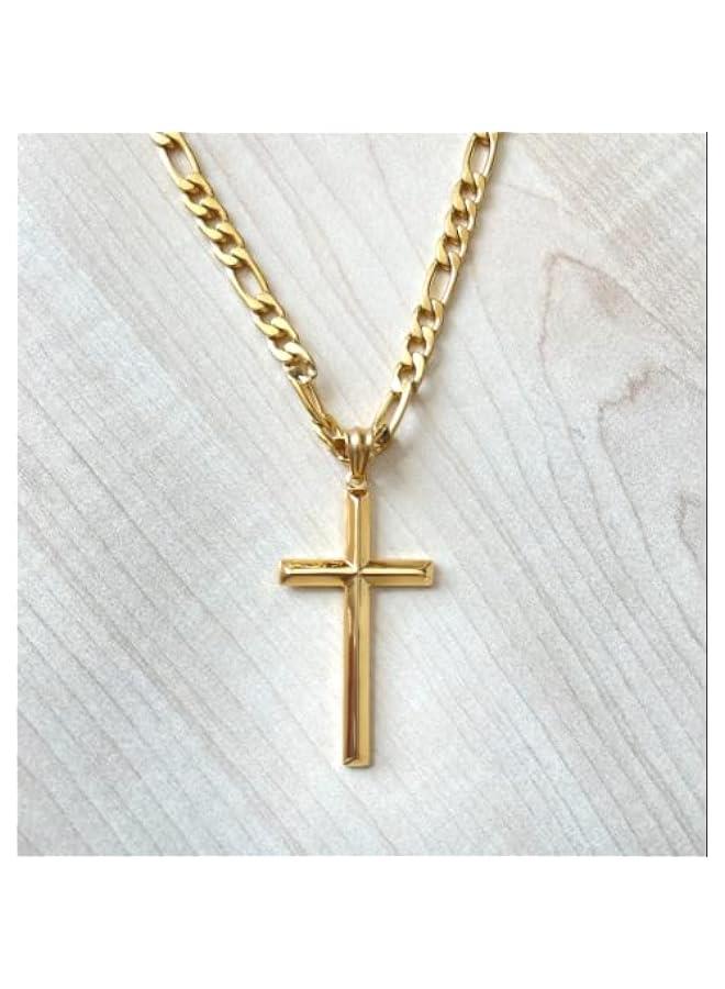 Arabest 24K Gold Figaro Chain Style Cross Pendant Necklace 5MM Cross Necklace Clasp for MEN, HUSBAND Thin for Charms Miami Cuban Link Diamond Cut Religious Beveled Edge - Image 2