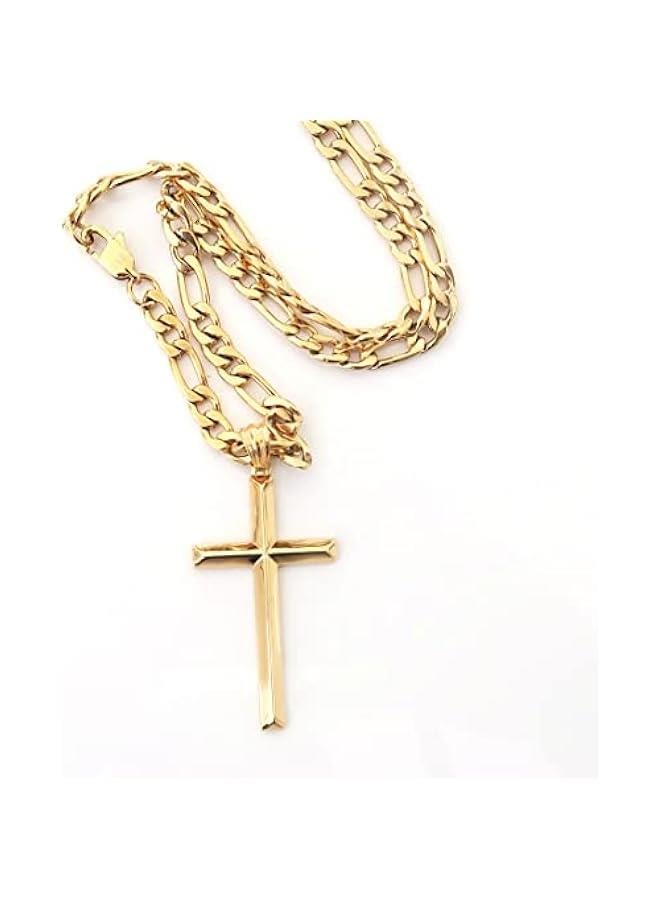 Arabest 24K Gold Figaro Chain Style Cross Pendant Necklace 5MM Cross Necklace Clasp for MEN, HUSBAND Thin for Charms Miami Cuban Link Diamond Cut Religious Beveled Edge - Image 3