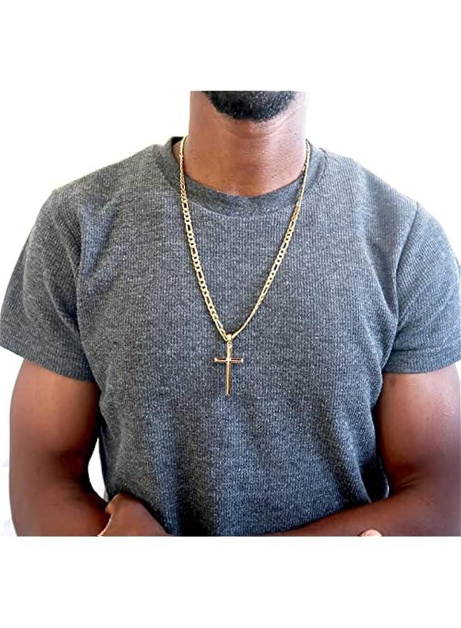 Arabest 24K Gold Figaro Chain Style Cross Pendant Necklace 5MM Cross Necklace Clasp for MEN, HUSBAND Thin for Charms Miami Cuban Link Diamond Cut Religious Beveled Edge - Image 4