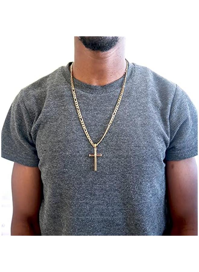 Arabest 24K Gold Figaro Chain Style Cross Pendant Necklace 5MM Cross Necklace Clasp for MEN, HUSBAND Thin for Charms Miami Cuban Link Diamond Cut Religious Beveled Edge - Image 5