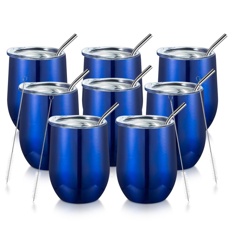 COMOOO Stainless Steel Wine Tumbler Glasses Bulk with Lid and Straw 12oz Double Wall Vacuum Insulated Tumbler Cup Stemless for Hot and Cold Drinks Coffee Wine Cocktails Royal blue 8 Pack