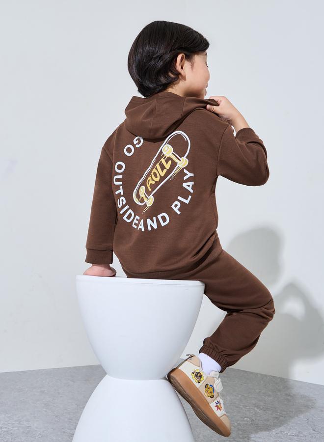 Styli Boys Brown Skateboard Print Hoodie and Joggers Set - Image 1