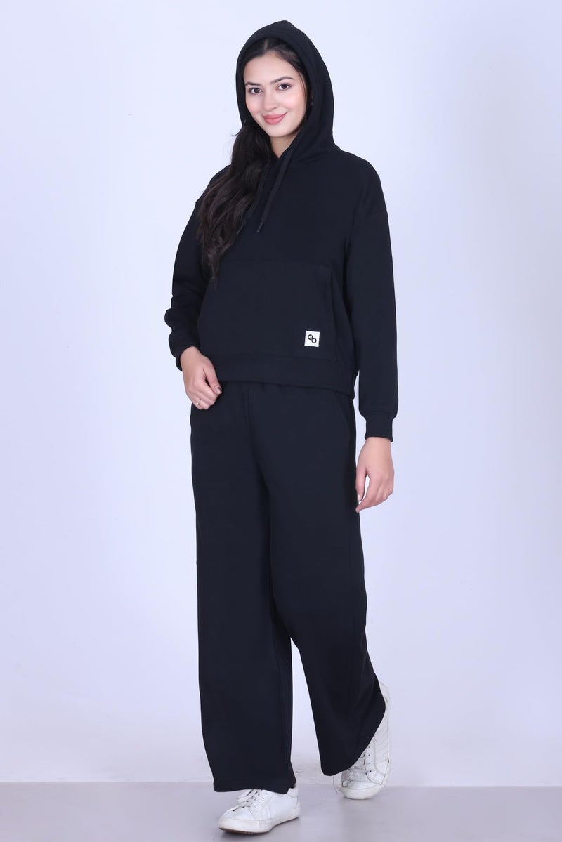 Colors & Blends - Warm Hoodie & Wide Leg Pant Set | Winter Wear Women's Track Suit set | Casual Travel & Loungewear Co-ord set Outfit | Oversized Loose Fit Winter Hoodie set (Black - S size) - Image 5