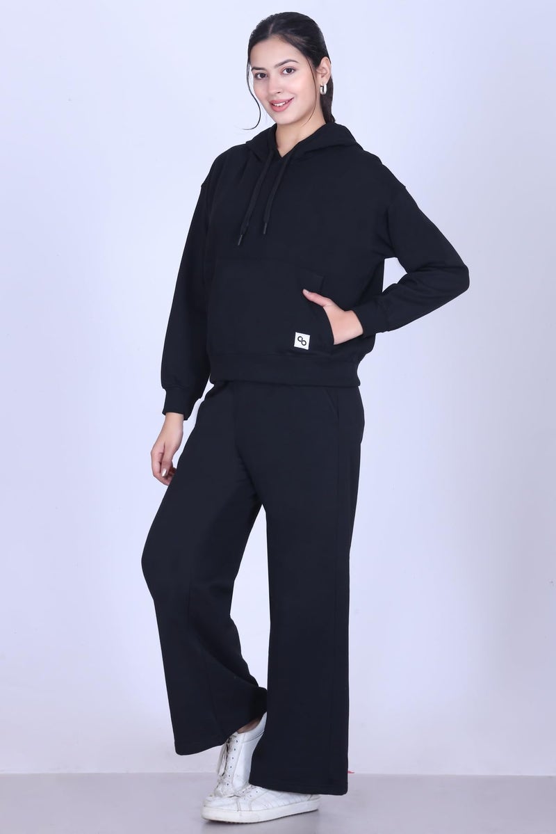 Colors & Blends - Warm Hoodie & Wide Leg Pant Set | Winter Wear Women's Track Suit set | Casual Travel & Loungewear Co-ord set Outfit | Oversized Loose Fit Winter Hoodie set (Black - S size) - Image 3