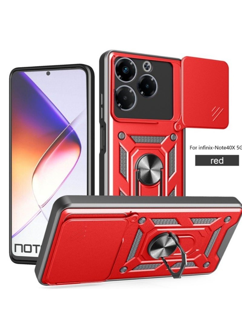 for Infinix Note 40X 5G Case Cover, Slide Camera Lens Cover, Magnetic Ring Holder Kickstand Protective Phone Case for Infinix Note 40X 5G, Red