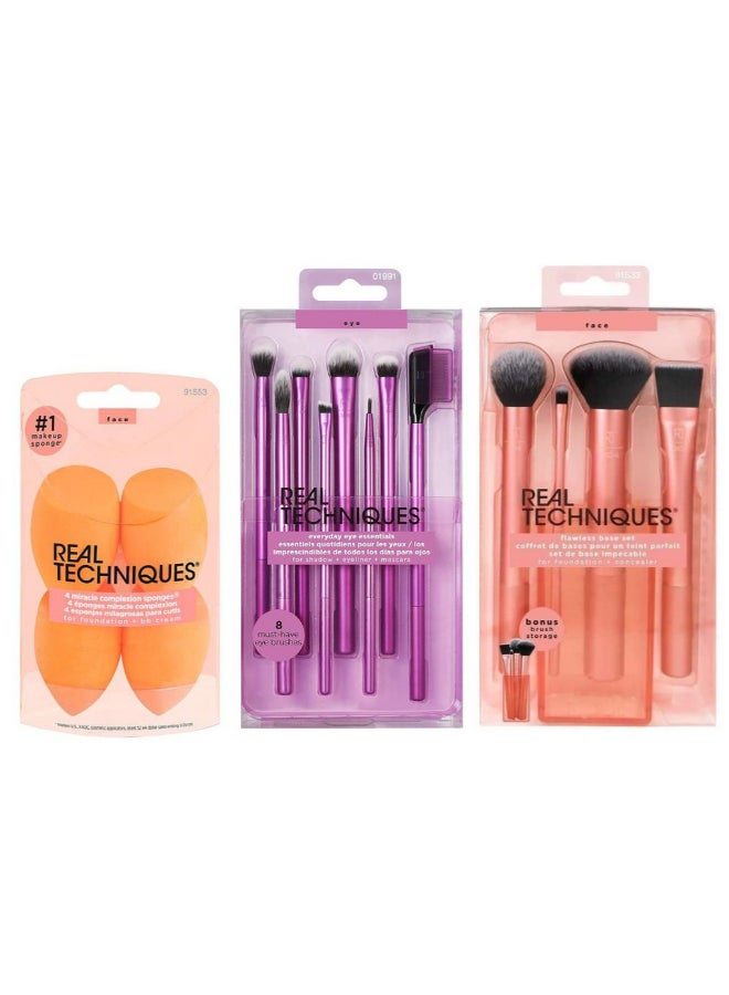 REAL TECHNIQUES Flawless Base Brush Set and Eyeshadow Brush Set with Miracle Complexion Sponge (Pack Of 4), Orange Multicolour - Image 1