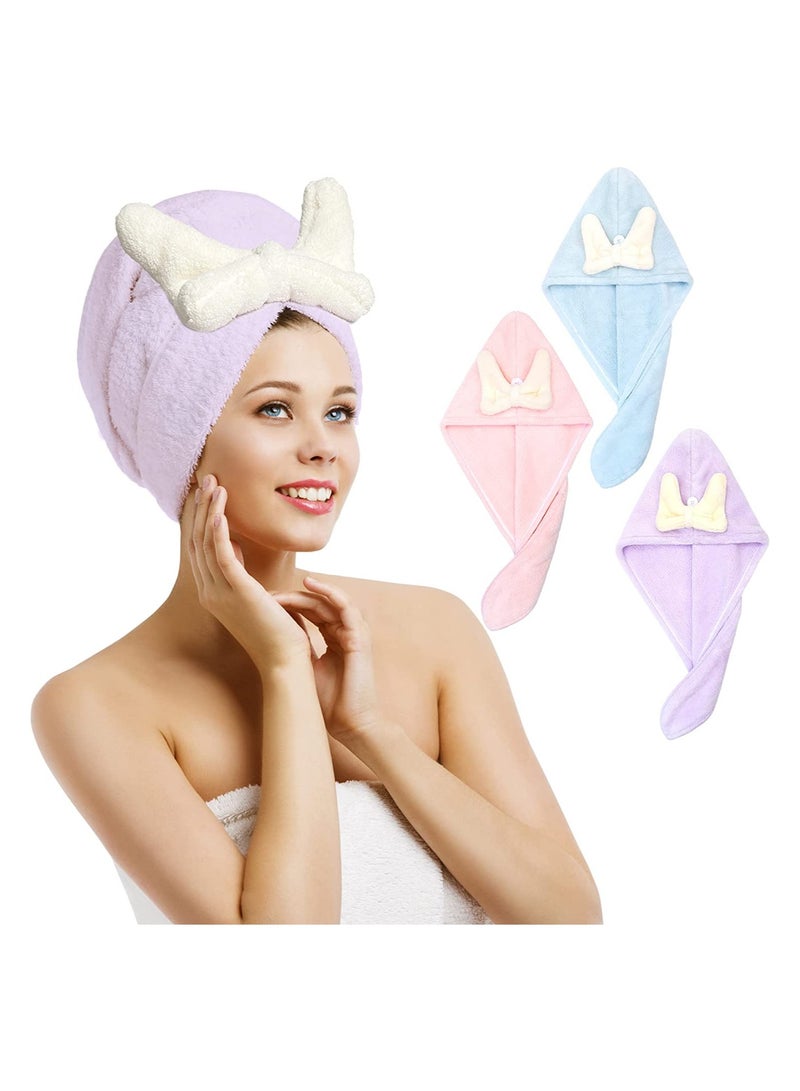 SOLARAE 3 Pack Microfibre Hair Towel Hair Towel Wrap for Long Hair Cute Rabbit Hair Towel Turban Super Absorbent Fast Dry Hair Towel with Buttons Bath Loop Fasten for Wet Curly Long Thick Hair - Image 1