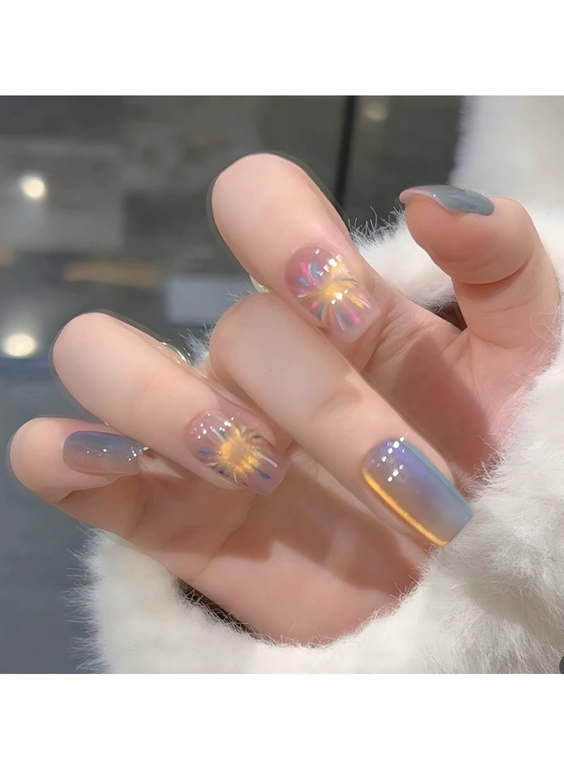 Goolsky Short Press On Nails – Crystal Cat Eye Firework Design 30PCS Elegant Glossy Fake Nail Tips - Image 1