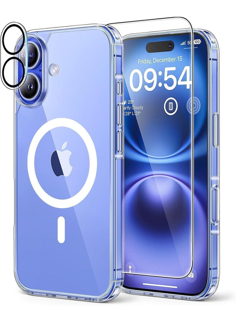 DEIN iPhone 16 3in1 Phone Accessories Bundle - Heavy duty Shockproof Clear Cover Case [MagSafe Compatible] + Tempered Glass Screen Protector + Camera Lens Protector, Anti Yellowing Magnetic Case - Image 1