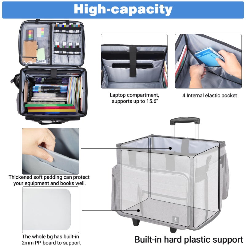 Timoxi Rolling Teacher Bag Built-in Hard Support Board, Rolling Briefcase with Detachable Trolley, Rolling bag with Laptop compartment, Adjustable Shoulder Strap, and Ample Storage Space - Image 3