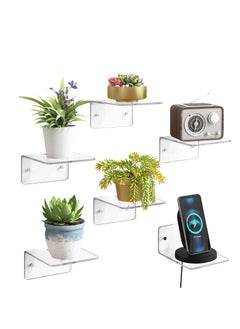 Small Acrylic Shelves Set of 6, 4in Floating Wall Mounted Shelves for Plants, Small Wall Decoration & Storage Shelf for Toy Display (Clear)