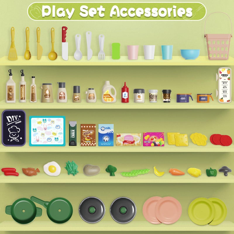 Hitish Kids Kitchen Playset Set, 63PCS Pretend Play Kitchen Toys for Toddlers, Cooking Stove with Steam Sound Light, Play Sink with Manual Faucet, Play Food Accessories Gift for Boys, 33â€™â€™H Green - Image 5