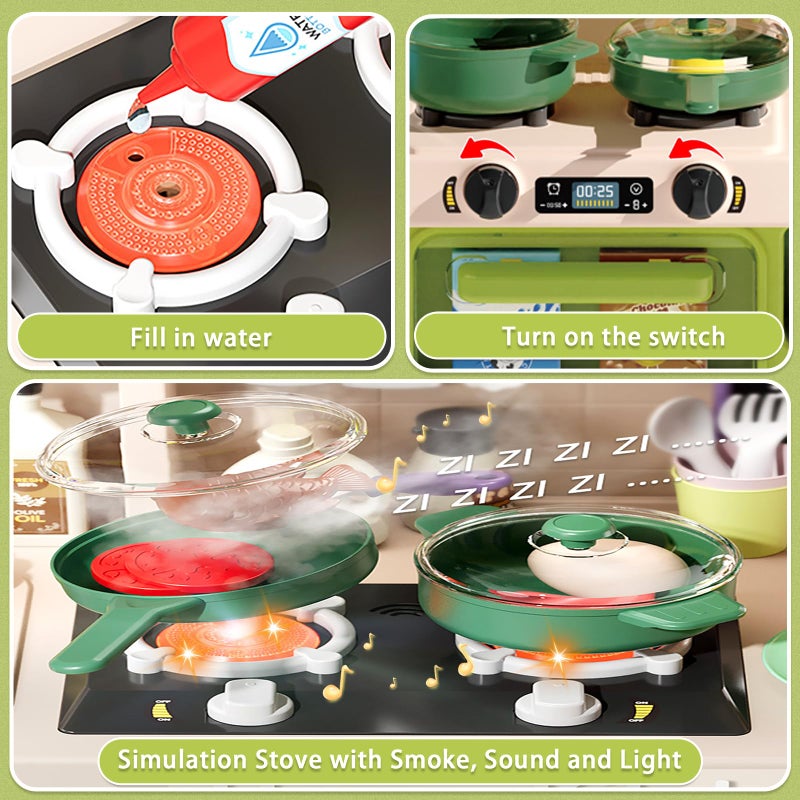 Hitish Kids Kitchen Playset Set, 63PCS Pretend Play Kitchen Toys for Toddlers, Cooking Stove with Steam Sound Light, Play Sink with Manual Faucet, Play Food Accessories Gift for Boys, 33â€™â€™H Green - Image 2