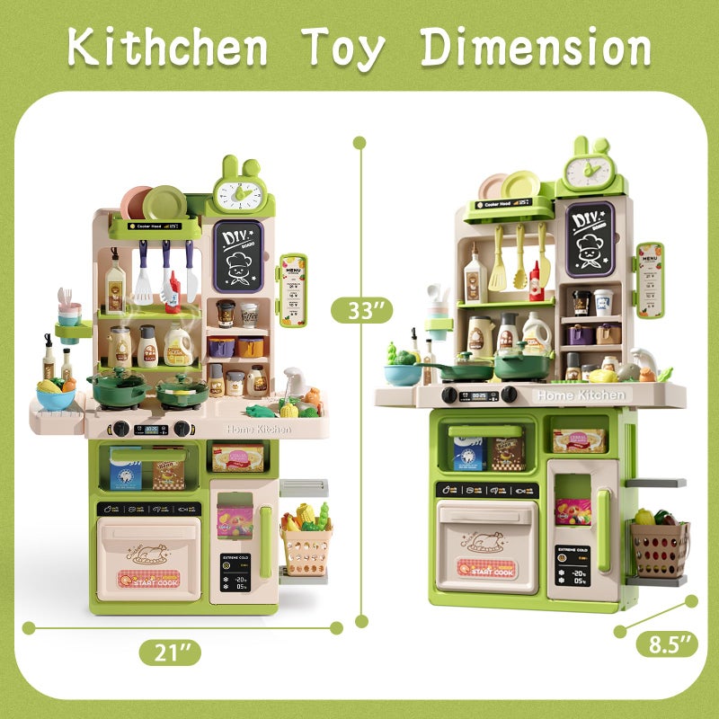 Hitish Kids Kitchen Playset Set, 63PCS Pretend Play Kitchen Toys for Toddlers, Cooking Stove with Steam Sound Light, Play Sink with Manual Faucet, Play Food Accessories Gift for Boys, 33â€™â€™H Green - Image 4