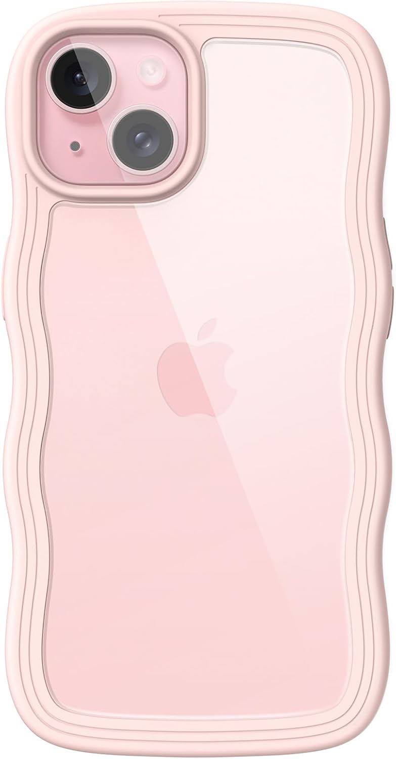 Jetech Cute Case For Iphone 15 6.1-Inch, Wave Frame Curly Shape Shockproof Phone Cover For Women And Girls, Clear Hard Pc Back Pink - Image 1