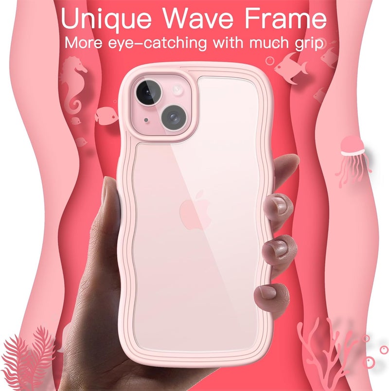 Jetech Cute Case For Iphone 15 6.1-Inch, Wave Frame Curly Shape Shockproof Phone Cover For Women And Girls, Clear Hard Pc Back Pink - Image 3
