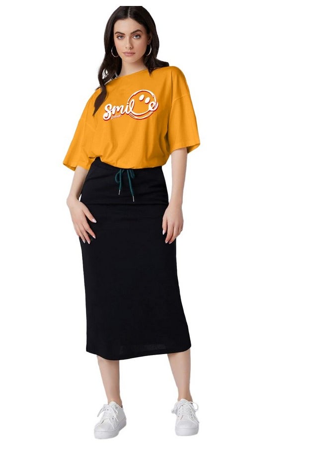 LEOTUDE - LEOTUDE Womens Oversized Round Neck Cottonblend Half Sleeve T-Shirts (GRL_FS49_MSTRD_Smile_P_Mustard_S) - Image 1