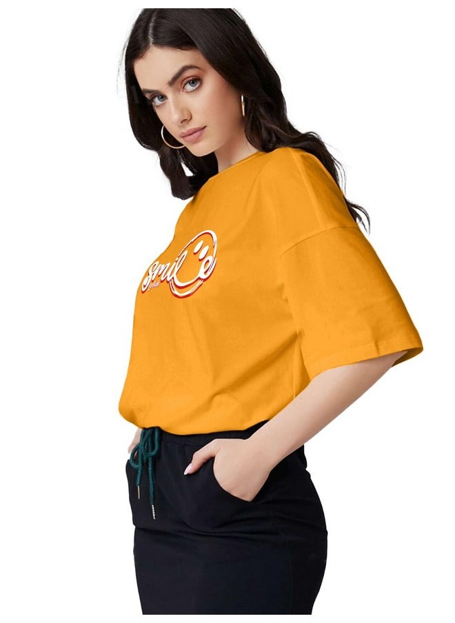 LEOTUDE - LEOTUDE Womens Oversized Round Neck Cottonblend Half Sleeve T-Shirts (GRL_FS49_MSTRD_Smile_P_Mustard_S) - Image 1