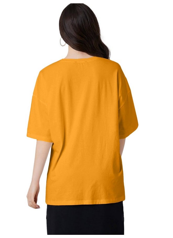 LEOTUDE - LEOTUDE Womens Oversized Round Neck Cottonblend Half Sleeve T-Shirts (GRL_FS49_MSTRD_Smile_P_Mustard_S) - Image 1